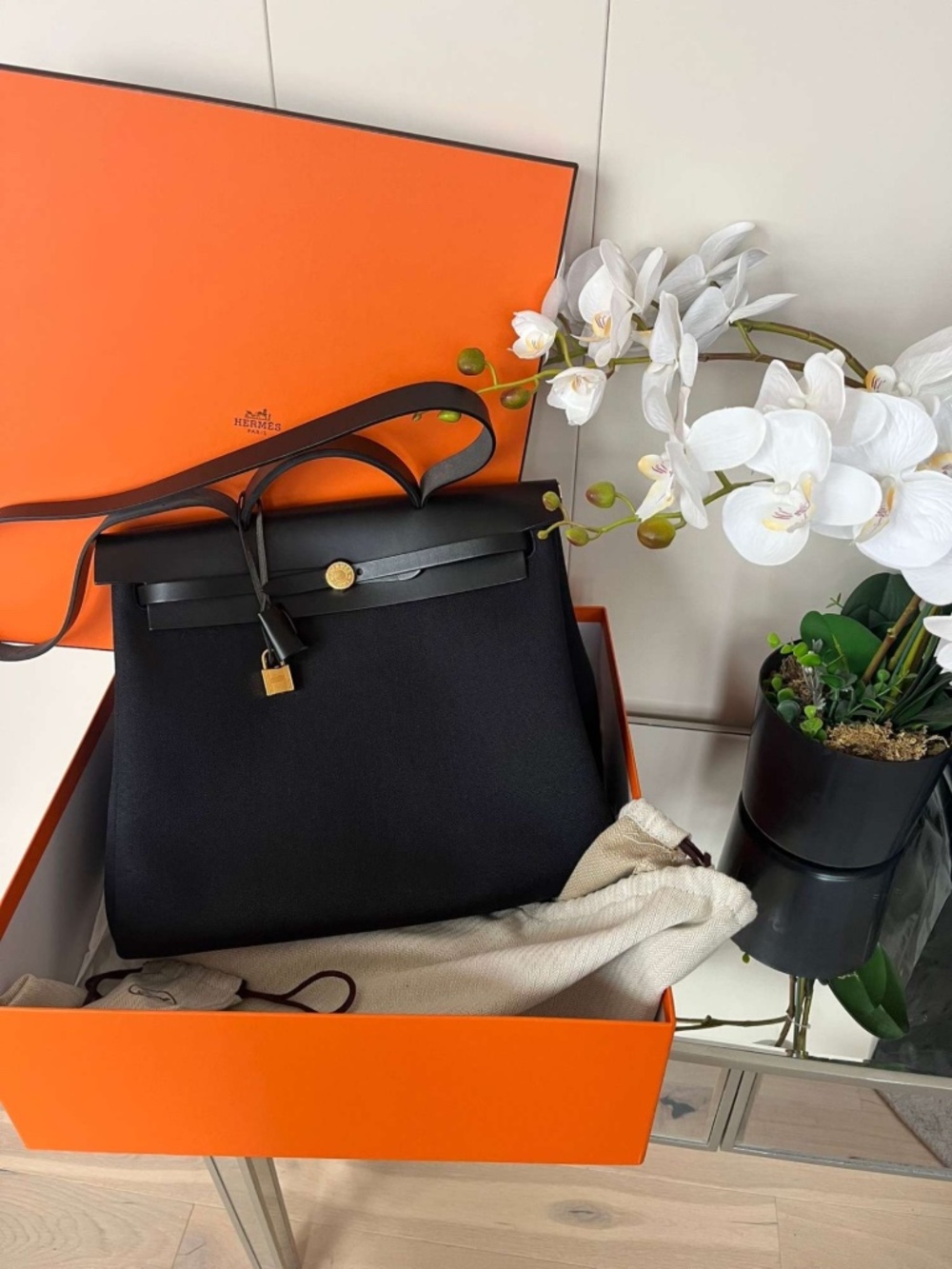 Hermes Herbag 39 Black and Gold HW Rare